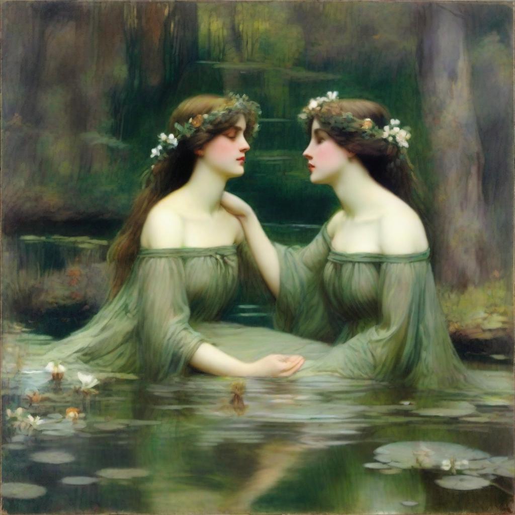 A vintage John William Waterhouse style painting of two forest nymphs with flowers in their hair, swimming in a pond