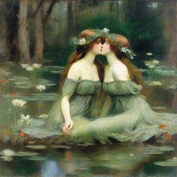 A vintage John William Waterhouse style painting of two forest nymphs with flowers in their hair, swimming in a pond