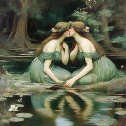 A vintage John William Waterhouse style painting of two forest nymphs with flowers in their hair, swimming in a pond