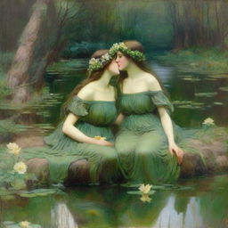 A vintage John William Waterhouse style painting of two forest nymphs with flowers in their hair, swimming in a pond