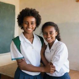 Portrait of two high-school Ethiopian students standing in the corner of a classroom, holding each other's hands and smiling