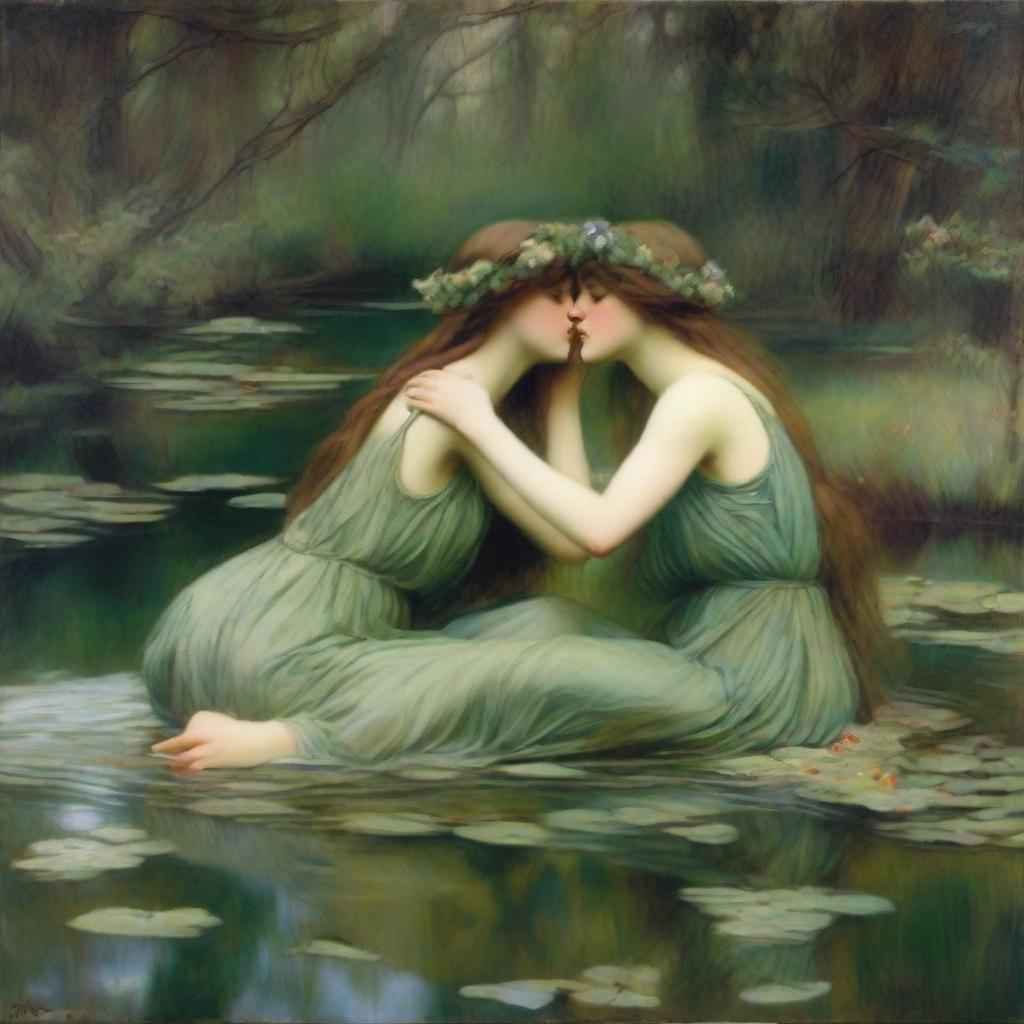 A vintage John William Waterhouse style painting of two forest nymphs with flowers in their hair, swimming in a pond