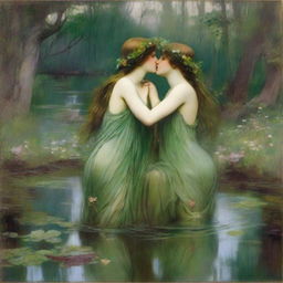 A vintage John William Waterhouse style painting of two forest nymphs with flowers in their hair, swimming in a pond