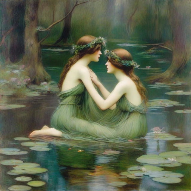 A vintage John William Waterhouse style painting of two forest nymphs with flowers in their hair, swimming in a pond