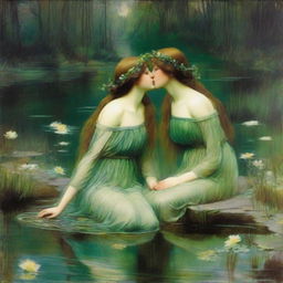 A vintage John William Waterhouse style painting of two forest nymphs with flowers in their hair, swimming in a pond