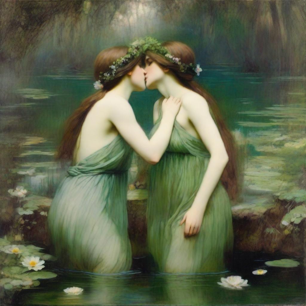 A vintage John William Waterhouse style painting of two forest nymphs with flowers in their hair, swimming in a pond and looking into each other's eyes