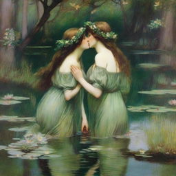 A vintage John William Waterhouse style painting of two forest nymphs with flowers in their hair, swimming in a pond and looking into each other's eyes