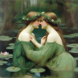 A vintage John William Waterhouse style painting of two forest nymphs with flowers in their hair, swimming in a pond and looking into each other's eyes