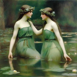 A vintage John William Waterhouse style painting of two forest nymphs with flowers in their hair, swimming in a pond and looking into each other's eyes