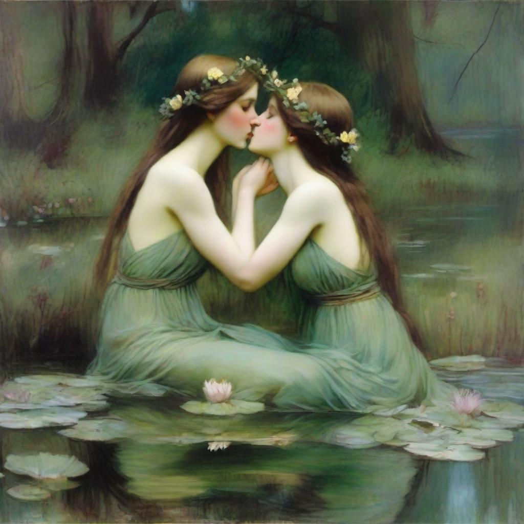 A vintage John William Waterhouse style painting of two forest nymphs with flowers in their hair, swimming in a pond and looking into each other's eyes