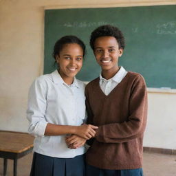 Portrait of two high-school Ethiopian students standing in the corner of a classroom, holding each other's hands and smiling