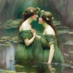 A vintage John William Waterhouse style painting of two forest nymphs with flowers in their hair, swimming in a pond and looking into each other's eyes