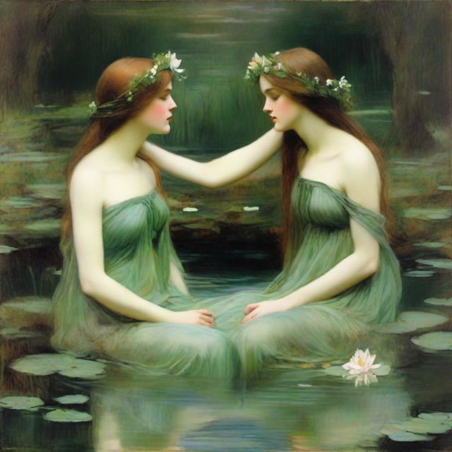 A vintage John William Waterhouse style painting of two forest nymphs with flowers in their hair, swimming in a pond and looking into each other's eyes