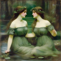 A vintage John William Waterhouse style painting of two forest nymphs with flowers in their hair, swimming in a pond and looking into each other's eyes