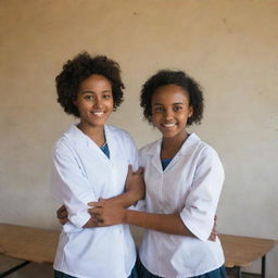 Portrait of two high-school Ethiopian students standing in the corner of a classroom, holding each other's hands and smiling