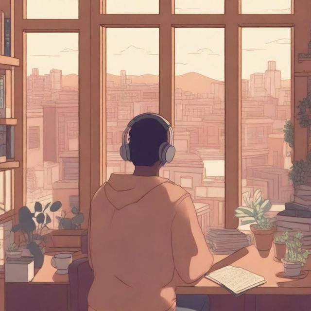 A cozy lofi cover art featuring a person with headphones sitting by a window, with a cityscape in the background