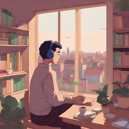 A cozy lofi cover art featuring a person with headphones sitting by a window, with a cityscape in the background