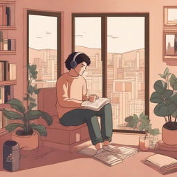 A cozy lofi cover art featuring a person with headphones sitting by a window, with a cityscape in the background