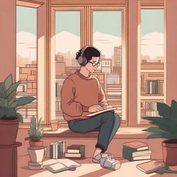 A cozy lofi cover art featuring a person with headphones sitting by a window, with a cityscape in the background