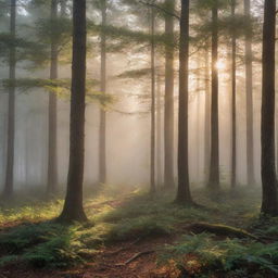 An enchanting view of a calm and serene forest at sunrise, with rays of light piercing through the morning fog'