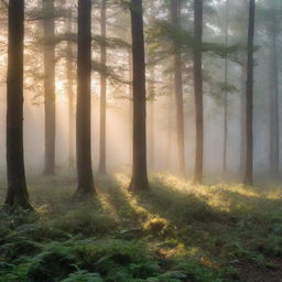 An enchanting view of a calm and serene forest at sunrise, with rays of light piercing through the morning fog'