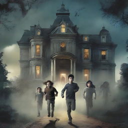 An action-packed scene featuring one girl and three boys running away from a large, ominous mansion