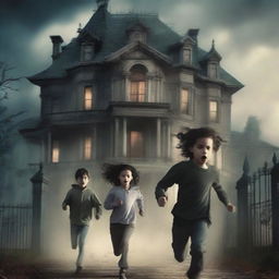 An action-packed scene featuring one girl and three boys running away from a large, ominous mansion