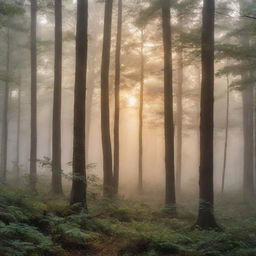 An enchanting view of a calm and serene forest at sunrise, with rays of light piercing through the morning fog'