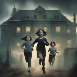 An action-packed scene featuring one girl and three boys running away from a large, ominous mansion