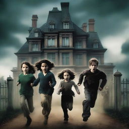 An action-packed scene featuring one girl and three boys running away from a large, ominous mansion