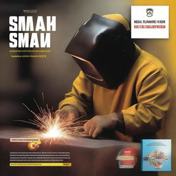 Create a book cover for a welding technique module, specifically for SMAW (Shielded Metal Arc Welding) for Grade XI, Phase F, at SMK Manggala Tama Binangun, Academic Year