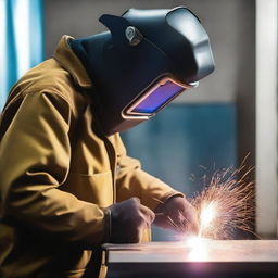 Create an image of a person welding using the SMAW (Shielded Metal Arc Welding) technique