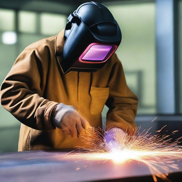 Create an image of a person welding using the SMAW (Shielded Metal Arc Welding) technique