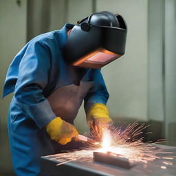 Create an image of a person welding using the SMAW (Shielded Metal Arc Welding) technique