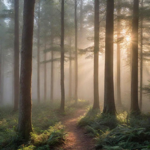 An enchanting view of a calm and serene forest at sunrise, with rays of light piercing through the morning fog'