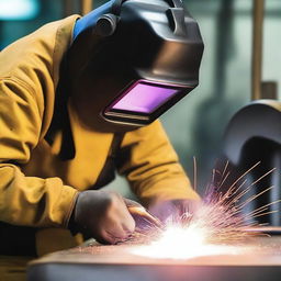 Create an image of a person welding using the SMAW (Shielded Metal Arc Welding) technique