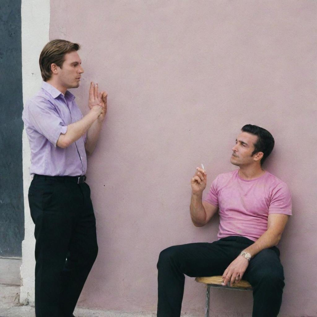 A 25-year-old man in a purple t-shirt and black pants sitting behind a wall smoking a cigarette, while a 40-year-old man in a black and pink suit stands beside him, engaged in an argument.