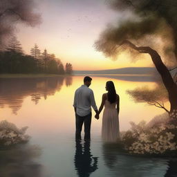 A romantic love story scene featuring a couple in a beautiful, serene setting