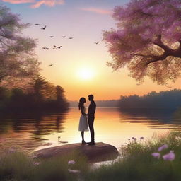 A romantic love story scene featuring a couple in a beautiful, serene setting