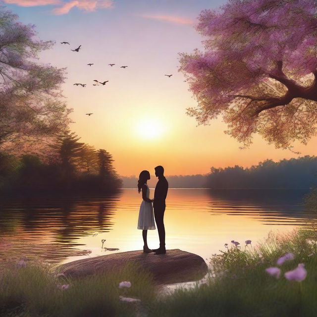 A romantic love story scene featuring a couple in a beautiful, serene setting