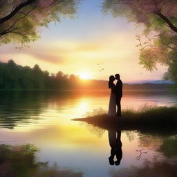 A romantic love story scene featuring a couple in a beautiful, serene setting