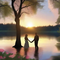 A romantic love story scene featuring a couple in a beautiful, serene setting