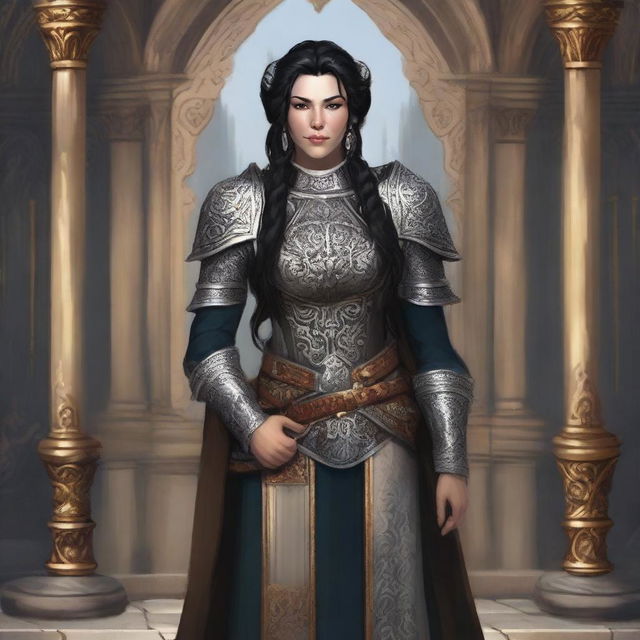 A Firbolg female with black hair and pale fur skin, age 40, with a gentle smile on her face