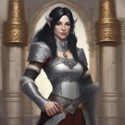 A Firbolg female with black hair and pale fur skin, age 40, with a gentle smile on her face