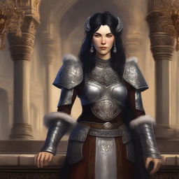 A Firbolg female with black hair and pale fur skin, age 40, with a gentle smile on her face