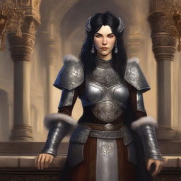 A Firbolg female with black hair and pale fur skin, age 40, with a gentle smile on her face