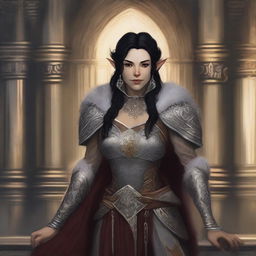 A Firbolg female with black hair and pale fur skin, age 40, with a gentle smile on her face