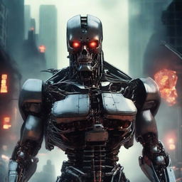 A highly detailed and realistic depiction of the Terminator, showcasing its menacing robotic features and red glowing eyes