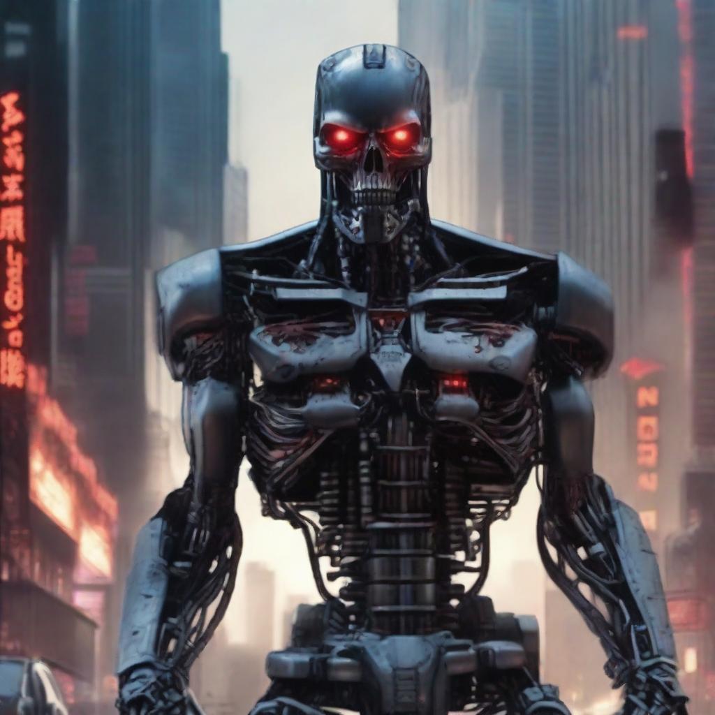 A highly detailed and realistic depiction of the Terminator, showcasing its menacing robotic features and red glowing eyes