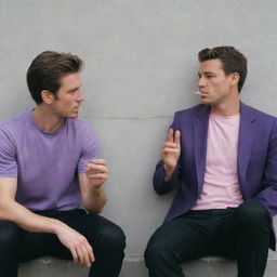 A 25-year-old man in a purple t-shirt and black pants sitting behind a wall smoking a cigarette, while a 40-year-old man in a black and pink suit stands beside him, engaged in an argument.